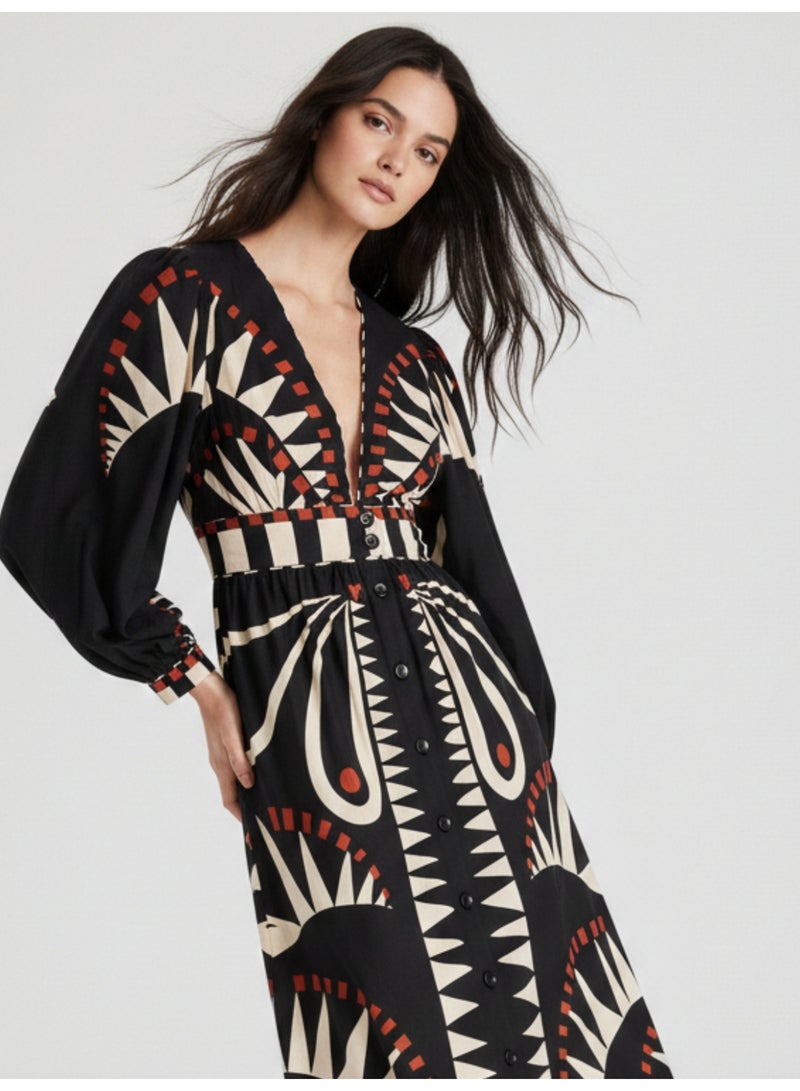 OUTZIDR Black Placement Tribal Print Shirt Maxi Dress - Image 4